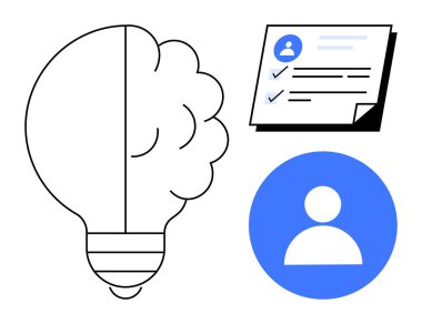 Ampul şeklinde bir başparmak, bir beyin, mavi kullanıcı simgesi ve kontrol işaretli kontrol listesi belgesi. Yenilik, profil, beyin fırtınası, organizasyon, fikirler, kimlik üretkenliği için ideal basit düz