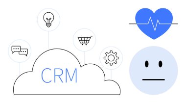 İletişim, fikirler, alışveriş, ayarlar ve duygular için ikonlar içeren CRM bulutu. Müşteri etkileşimi, iş stratejisi, veri analizi, pazarlama teknolojisi otomasyonu için ideal