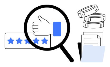 Başparmaklar üzerinde büyüteç, yıldız reytingleri, madeni paralar ve klasördeki belgeler. Kalite değerlendirmesi, yönetim, başarı takibi, finansal analiz, müşteri geribildirimi, değerlendirme için ideal