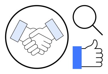 İşbirliği sembolleri. Tokalaşma, büyüteç ve ikonların işbirliği ve karar verme sürecini onaylıyor. Güven oluşturma, takım çalışması, iletişim, üretkenlik, iş başarısı için işbirliği