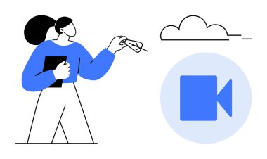 Bulut ve video kamera ikonu yanında gözlük ve tablet tutan kadın, teknolojiyi, bulut depolamayı, video konferansını, iletişimi, medyayı, çevrimiçi araçları ve basit yenilikleri temsil ediyor