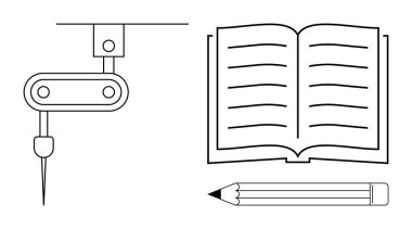 Satır, kalem ve tasarım, öğrenme ve yenilikleri vurgulayan mekanik matkap kolu ile açık bir kitap. Eğitim, mühendislik, yaratıcılık, teknoloji taslak okuryazarlığı için ideal