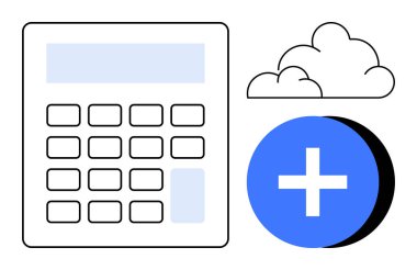 Dijital hesaplamalar. Bulut ve mavi artı işaretli bir hesap makinesi simgesi çevrimiçi araçlar, veri depolama ve dijital finans. İş, finans, bulut araçları, eğitim ve teknoloji kavramları için kullanılır