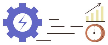 Yıldırımlı vites, hız çizgileri, yukarı doğru eğilimli grafikler ve saat verimliliği, büyümeyi ve zaman yönetimini temsil ediyor. Üretkenlik, ilerleme, enerji ticareti planlaması için ideal