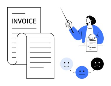 Fatura belgesi, bir kalemle sunulan kişi, müşteri geri dönüşünü sembolize eden çeşitli yüz ifadeleri. Finans, fatura, muhasebe, müşteri hizmetleri, sunumlar, iş için ideal