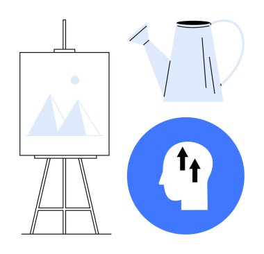 Yaratıcı süreç konsepti. Sanatsal aletler, kişisel gelişim ve bir sehpa, sulama tenekesi ve oklarla yapılmış bir yenilik. Yaratıcılık, kişisel büyüme, tasarım düşünme yeniliği için harika