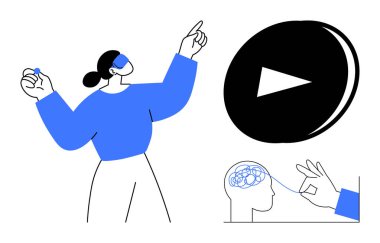 Dinamik jestler, büyük oyun düğmesi ve beyin-düşünce bağlantısıyla etkileşimi sembolize eder. Teknoloji, yaratıcılık, öğrenme, yenilik, medya, psikoloji, dijital için ideal