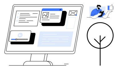 Çoklu ortam içeriğini, bildirimleri ve mesajlaşma araçlarını gösteren bilgisayar ekranı. Kullanıcı geribildirimi, ağaç diyagramı. Çevrimiçi öğrenme, takım çalışması, uzak çalışma, UX sürdürülebilirlik sadeliği için ideal