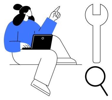 Dizüstü bilgisayarda çalışan bir kadın, yukarı doğru ingiliz anahtarı ve büyüteç elementleriyle işaret ediyor. Teknoloji, problem çözme, yenilik, araçlar, araştırma, geliştirme ve verimlilik kavramları için idealdir. Basit.