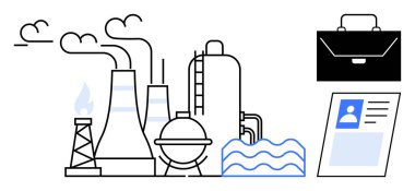 Endüstriyel üretim. Emisyonları, enerji sistemleri ve ilgili iş rolleri olan fabrikaların ifşası. Endüstriyel üretim teknoloji, istihdam ve enerji sistemlerini birbirine bağlar. Endüstriye