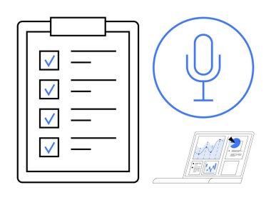 Tamamlanmış görevlere, mikrofon simgesine ve laptop ekranında veri paneline sahip kontrol listesi. Üretkenlik, iletişim, organizasyon, veri analizi, iş akışı raporlama ve iş stratejisi için idealdir. A
