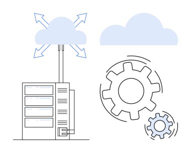 Bir sunucu rafına bağlı bulut yön okları ve birbirine kenetlenmiş dişlilerle. Teknoloji, veri depolama, bulut hesaplama, servis optimizasyonu, bilişim iş akışı, otomasyon için ideal