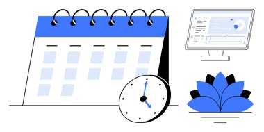 İşaretli günleri, analog saati, arayüzü gösteren bilgisayar ekranı ve odağı sembolize eden nilüfer çiçeği takvimi. Üretkenlik, organizasyon, planlama, zamanlama, zaman yönetimi için ideal