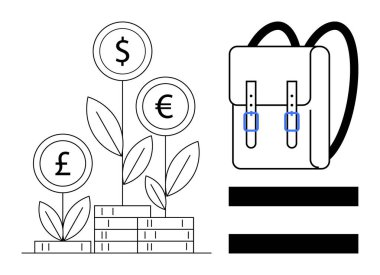 Basit bir sırt çantasının yanında para birimi sembolleri olan bozuk paraların birikmesi mali bilgi, büyüme ve öğrenmeyi akla getiriyor. Eğitim, finans, planlama, tasarruflar, yatırımlar ve eğitim için ideal