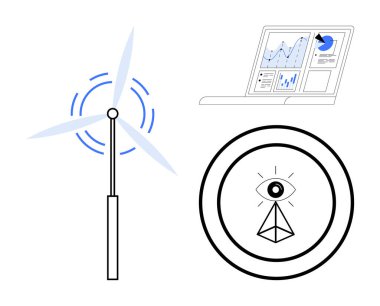 Dönen rüzgar türbini, laptop ekranında veri tablosu ve geometrik şekilli göz. Teknoloji, enerji çözümleri, veri içgörüleri, çevre, analitik, gelecekteki yenilik ve stratejik