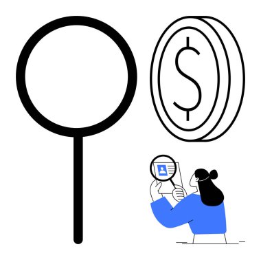 Soruşturma konsepti. Finansal işlemler ve kişisel kimlik tespiti. Kimlik doğrulamasını analiz etmek için büyüteç kullanan soruşturma. Kimlik doğrulama için, finansal