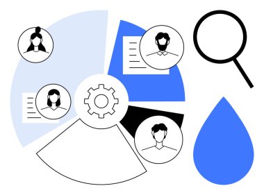 Takım üyesi profilleri, belgeler, su damlası, büyüteç ve teçhizatlı pasta grafiği. Takım çalışması, analitik, verimlilik, sorun çözme veri organizasyonu için ideal