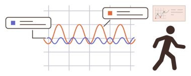 Dalgalı çizgiler, veri notları, yürüyen insanlar ve çizelgeler. Basit bir düz metafor olarak veri analizi, izleme, araştırma, ilerleme, teknoloji sağlığı ve eğitim için ideal