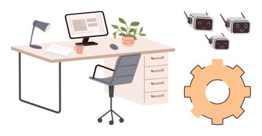 İçinde bilgisayar, lamba, bitki ve sandalye olan ofis kurulumu. Bitişik teçhizat ve yapay zeka robot simgeleri otomasyonu simgeler. Yenilik, teknoloji, yapay zeka, robot çalışma alanı otomasyonu için idealdir.