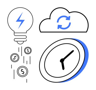 Yeniliği simgeleyen ampul, maliyet verimliliği için düşen madeni paralar, zaman yönetimi için saat ve bulut senkronizasyonu simgesi. Teknoloji, üretkenlik, iş, zaman tasarrufu çözümleri için ideal