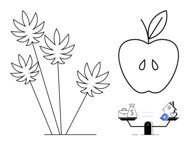 Finansal denge kavramı. Sembolik ölçek, para ve gayrimenkul yatırım değerlerini karşılaştırır. Finansal denge ve doğal motifler, bitkiler ve meyveleri parmakla gösteriyor. Ekonomi için uygun, gerçekten.