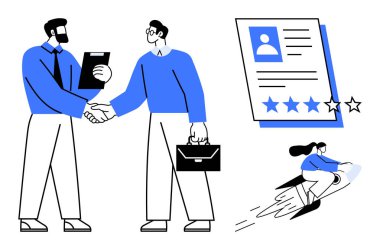 İş adamları el sıkışıyor, reytinglerle dolu tamamlanmış bir özgeçmiş ve kariyer gelişimini simgeleyen bir rokete binmiş biri. İşe alım, ortaklık, İK, takım çalışması, başarı, iş arama için ideal