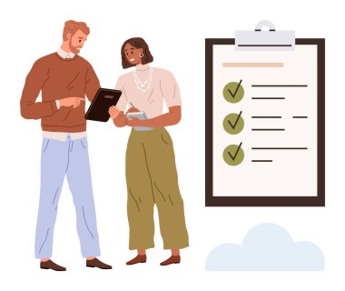 İki iş arkadaşı, büyük bir kontrol listesi panosunun yanında tablet üzerindeki görevleri gözden geçirirken işbirliği yapıyor. Takım çalışması, planlama, üretkenlik, iletişim, hedef belirleme, işbirliği için ideal