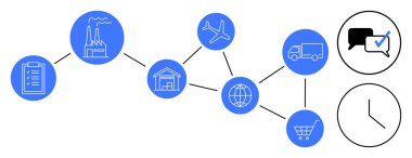 Fabrika, depo, uçak, kamyon, dünya, alışveriş arabası, pano, saat ve konuşma baloncukları satırlarla birbirine bağlı. Küresel tedarik zinciri lojistik ulaşım yönetimi planlaması için ideal