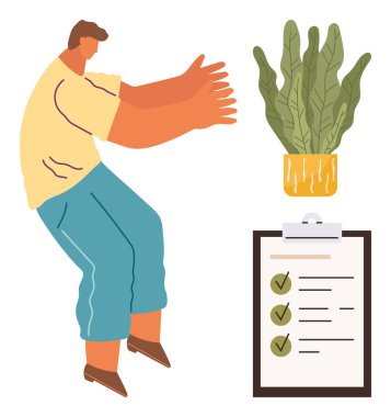 İşaretli görevleri olan bir kontrol listesine doğru silah uzatan kişi, yakınlardaki saksı fabrikası. Üretkenlik, organizasyon, odaklanma, görev yönetimi, motivasyon, iş-yaşam dengesi verimliliği için idealdir. Basit düz