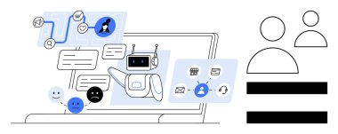 Chatbot ekrandaki mesajlarla etkileşime geçiyor, kullanıcı görevlerini ve duygularını yönetiyor. Teknoloji, otomasyon, müşteri desteği, yapay zeka yeniliği, iş akışı optimizasyonu, iletişim, dijital metafor için ideal