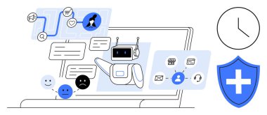 Dizüstü bilgisayardaki Chatbot kullanıcılarla etkileşime geçiyor, sorgulamaları, duyguları ve güvenlik endişelerini ele alıyor. Teknoloji, müşteri hizmetleri, yapay zeka otomasyonu, dijital sağlık hizmetleri, üretkenlik iletişimi için ideal