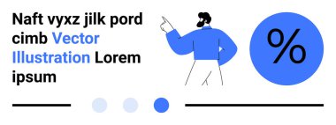 Metin elemanları, yüzde işareti ve putlaştırma göstergeleriyle el kol hareketi yapan bir adam. Finans, pazarlama, analiz, ekonomi, eğitim, sunum için ideal basit bir iniş sayfası