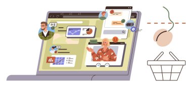 Dizüstü bilgisayar görüntüleme, analitik, mesajlaşma, takım çalışması etkileşimleri. Bitişiğinde, kirazlı online alışveriş sepeti var. Uzak çalışma, e-öğrenme, e-ticaret ve dijital ağ araçları için ideal