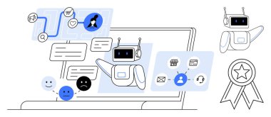 Yapay zeka sohbet robotu dizüstü bilgisayarda mesajlar, kullanıcı duyguları, servis simgeleri ve ödüllerle etkileşime geçiyor. İletişim, teknoloji, destek, yenilik, verimlilik kullanıcı deneyimi için ideal