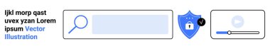 Çevrimiçi arama, veri koruması, siber güvenlik, medya kontrolleri, güvenlik, kullanıcı arayüzü tasarımı. Büyüteçli arama çubuğu, kilitli kalkan ve medya oynatıcı ilerleme çubuğu. Veri koruması
