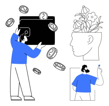 Uçan bozuk paraların olduğu cüzdan, filizlenen çiçekler finans ve yaratıcılığı simgeliyor. Para yönetimi, yatırım, büyüme, yenilik, farkındalık, başarı için ideal