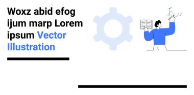 Eğitim, teknoloji, mühendislik, tasarım araçları, süreç kavramları, akademik. Elinde kitap ve pusula tutan kişi vites ve metin tutucunun yanında. Eğitim ve teknoloji fikirleri