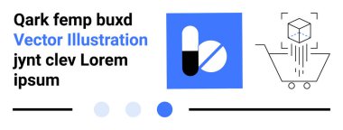 Kapsül ve hap tasarımı, içinde 3D küp tarama odağı, alışveriş arabası. E-ticaret, sağlık, analiz, satış, dijital tasarım teknoloji pazarlama araçları için idealdir. Basit bir iniş sayfası için mükemmel