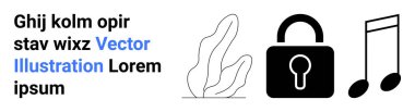 Veri gizliliği, müzik güvenliği, dijital varlıklar, kullanıcı doğrulaması, yaratıcı koruma, şifreleme. Tasarım metni, kilit simgesi notalarını ve soyut yaprağı içerir. Veri gizliliği ve müzik güvenliği