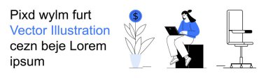 Serbest çalışma, üretkenlik, çalışma alanı, finansal büyüme, uzaktan çalışma, dijital aletler. Dizüstü bilgisayar kullanan bir kadın, fabrika ve modern sandalye. Verimlilik ve finansal büyüme kavramı