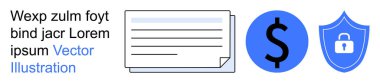 Mali güvenlik, veri koruması, çevrimiçi güvenlik, dijital işlemler, kimlik doğrulama, belge koruma. Dolar işareti, kalkan sembolü ve belge grafiği. Mali güvenlik ve veriler