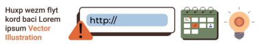 Siber güvenlik, web sitesi yönetimi, çevrimiçi planlama, hata işleme, fikir üretimi, verimlilik ipuçları. Uyarı sembolü, URL çubuğu takvim ampulü. Siber güvenlik ve web sitesi yönetim kavramları