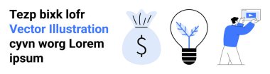 Para çantası finansal hedefleri simgeler, ağaçlı ampul yenilikçi büyümeyi simgeler ve elinde ekranı tutan adam çevrimiçi içerik oluşturulduğunu gösterir. Finans, yaratıcılık ve yenilik için ideal