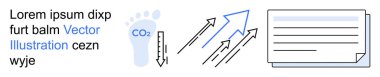 Karbon izleme, sürdürülebilirlik, çevresel etki, yeşil enerji, veri takibi, ekolojik odaklanma. Karbondioksit, ok ve belge elementleriyle işaretlenmiş ayak izleri. Karbon izleme ve sürdürülebilirlik kavramı