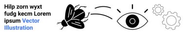 Yenilik, yaratıcılık, vizyon, otomasyon, teknoloji, bilgi keşfi. Hareket çizgileri ve dişlilerle göze doğru uçan bir böcek. Sanayi için vizyon ve otomasyon kavramsal tasarım