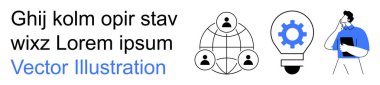Ağ kurmak, yenilik, takım çalışması, uzaktan çalışma, teknoloji, işbirliği. Kullanıcı ağı şeması görsel, dişli adam tutma cihazlı ampul. Ağ ve yenilik kavramı