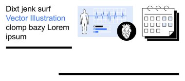Sağlık takibi, tıbbi kayıtlar, teknoloji entegrasyonu, kalp sağlığı, veri görselleştirme, randevu programı. İnsan figürü, kalp atışı grafiği takvimi anatomik kalp ikonu. Sağlık İzleme