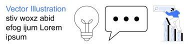 İş büyümesi, yenilik, beyin fırtınası, analitik, iletişim, teknoloji çözümleri. Veri grafiklerini analiz eden kişi içeren ampul ve konuşma balonu simgeleri. Yenilik ve beyin fırtınası kavramları