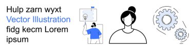 İş iletişimi, takım çalışması, yenilik, eğitim, profil ve teknoloji. Bilgi sunan bir adam, dişi bir avatar ve vites. İş iletişimi ve takım çalışması