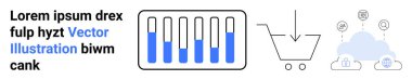 Veri içeren bar tablosu, indirme oklu alışveriş arabası, veri analizi için ideal dijital bağlantıları olan bulut, e-ticaret, bulut depolama, bağlantı, teknoloji, entegrasyon, basit iniş sayfası